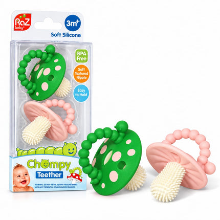 Soft Silicone Infant & Baby 3M+ Teether Toy Massaging Bristles Teething Pacifier - Soothes Sore Gums - Hands-Free & Easy-to-Hold Chompy Teether, BPA Free (RED/Green)