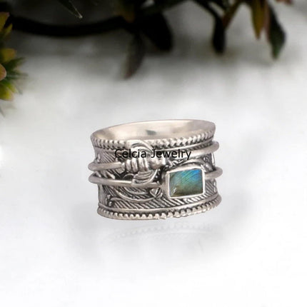 Solid 925 Sterling Silver Honey Bee Spinner Meditation Ring, Natural Abalone Shell Gemstone Ring
