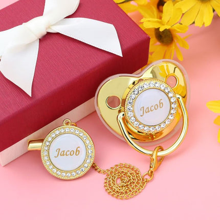 Personalized Pacifier with Name, Bling Gold Pacifier Clip Set Storage Box, Customized Glitter Crystal Luxurious Soother Ideal Gift for Boys Baby Shower Photography Newborn (Rose)