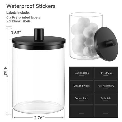 Dispensador de vidrio para hisopos de 10 oz, frasco transparente tipo botica, organizador para tocador de baño para hisopos, almohadillas, palillos de hilo dental y maquillaje (2 piezas, negro)