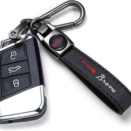 Genuine Leather Baseball Key Chain Compatible with Atlanta Braves Key ring Accessories Keychain Family Present for Man and Woman Black