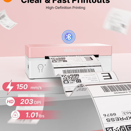 Rongta 4x6 Bluetooth Thermal Label Printer, Wireless Shipping Label Printers for Shipping Packages Small Business Office or Home, Compatible with iPhone Android iPad macOS Windows, Pink