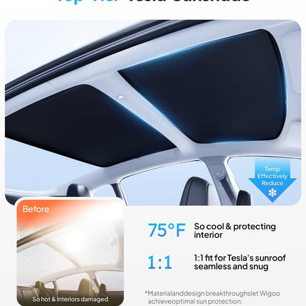 Wigoo 2026 Tesla Model 3 Sunshade Roof [Never Sag, Nano Ice-Crystal Coatings] Heat Reflective Glass Roof Sun Shade, Accessories for Tesla Model 3 2020~2026, Tesla Interior Black