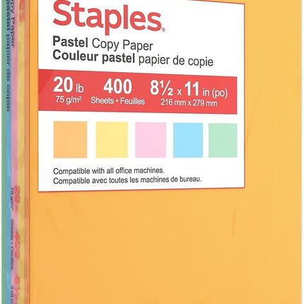 Staples Recycled Pastel Multipurpose Paper, 20 lbs., 8.5-inch x 11-inch, Assorted, 400 Sheets/Pack