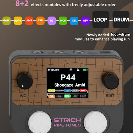 STRICH Pipe Tones Pocket Multi-Effects Processor for Guitar and Bass with 10 Effect Modules 125 Effects 40s Looper 100 Drum Patterns USB Audio Interface Wireless Control (Dark Gray)