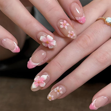 French Tips Press on Nails Medium Almond Nails Press on with 5D Flower Charm Design Glossy Brown Glue on Nails Water Ripple Rhinestones Fake Nail Reusable Fall Winter Nail for Women Manicure 24Pcs