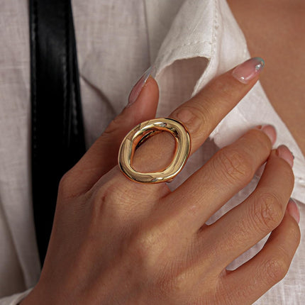 Chunky Irregular Hollow Oval Statement Ring For Women Adjustable Open Band Geometric Fashion Jewelry Gold Tone Or Silver Tone