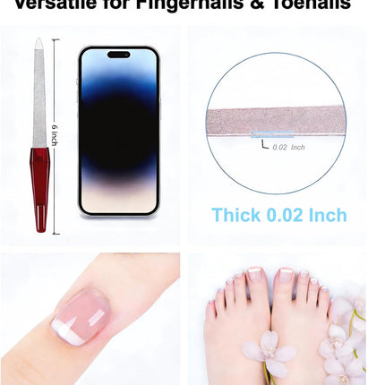 6 Pack Metal Nail File Set for Natural Nails, Professional Stainless Steel Sword Fingernail File with Sharp Tip & Non-Slip Handle, Thin Sapphire Grit Diamond Finger Nail Files for Women & Men