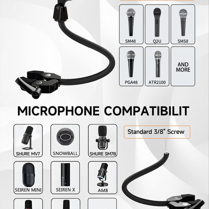 Gooseneck Microphone Stand, Adjustable Microphone Holder with 2 Universal Mic Clips, Gooseneck Mic Stand with 3/8"-16 Adapter for Recording Studio, Live Streaming, Podcast and Broadcasting