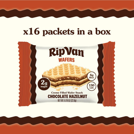 Rip Van Chocolate Hazelnut Wafer Cookies, Keto, Non-GMO, Healthy Snacks, Low Carb & Low Sugar (2g), Low Calorie, Vegan, 16 Count