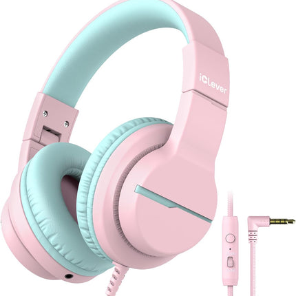 iClever HS19 Kids Headphones with Microphone for School, Safe Volume Limited, Over-Ear Girls Boys Headphones for Kids with Shareport, Foldable Wired for iPad/Travel (Pink)
