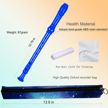 8 Holes Soprano Recorder with Cleaning Rod and Bag, Professional German Style C Key Recorder for Kids Beginners Students(Blue)