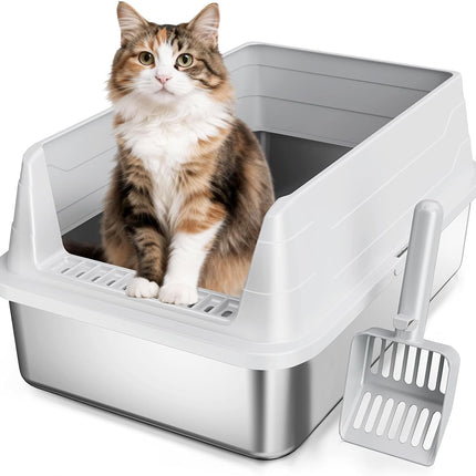 Arenero para gatos de acero inoxidable con tapa, arenero metálico XL de lados altos
