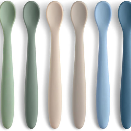 6 Piece Silicone Baby Feeding Spoons, First Stage Infant Soft-Tip Easy on Gums, Training Spoon Self-feeding, Utensils Supplies, Dishwasher & Boil-proof - Blue