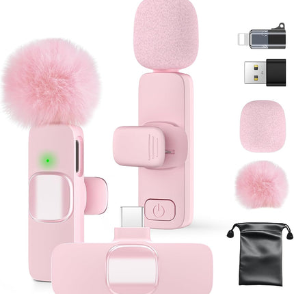 Mini Wireless Lavalier Microphone for iPhone 16/15/14/Android, Lapel Mic with Noise Reduction, 12H, 65ft, Pink Tiny Microphone Content Creator Interview for Vlog YouTube TikTok Recording (Pink)