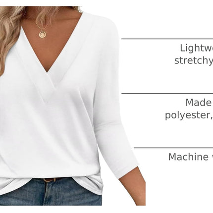Womens 3/4 Sleeve V Neck Tops Loose Fit T Shirts Casual Blouses