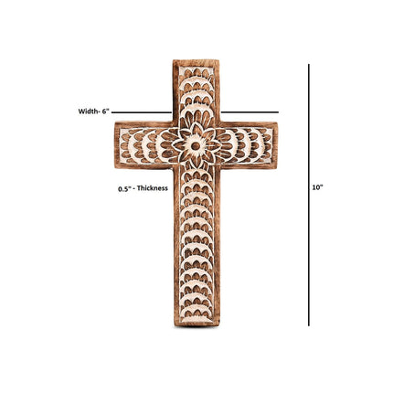 Mango Wood White Cross Carved Floral-Design Family Cross Decor,Home Decoration (10" x 6" x 0.5")