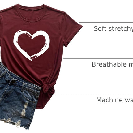 Women Cute Heart Graphic Crewneck T-Shirt Funny Short Sleeve Casual Tee Tops