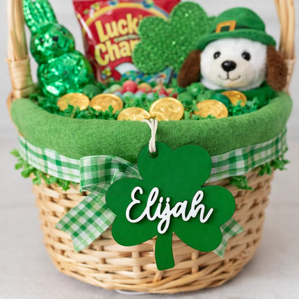 St Patrick's Day Child Basket Tag, Children Keepsake, Clover-Shaped Wooden Name Tag