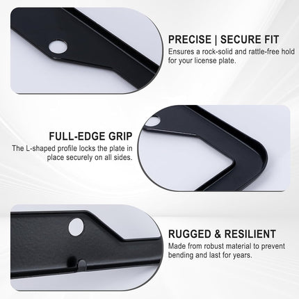 2 Pack Black License Plate Frames - Heavy Duty Stainless Steel Car License Plate Frame with 4 Holes, Rattle Proof Rustproof with Mounting Screws & Caps for Front Rear Cars