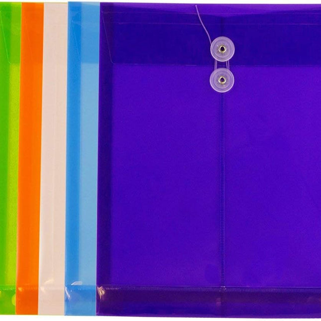 Plastic Filing Envelopes with Button & String Tie Closure, Letter Open End, Assorted Colors, 6 Pack