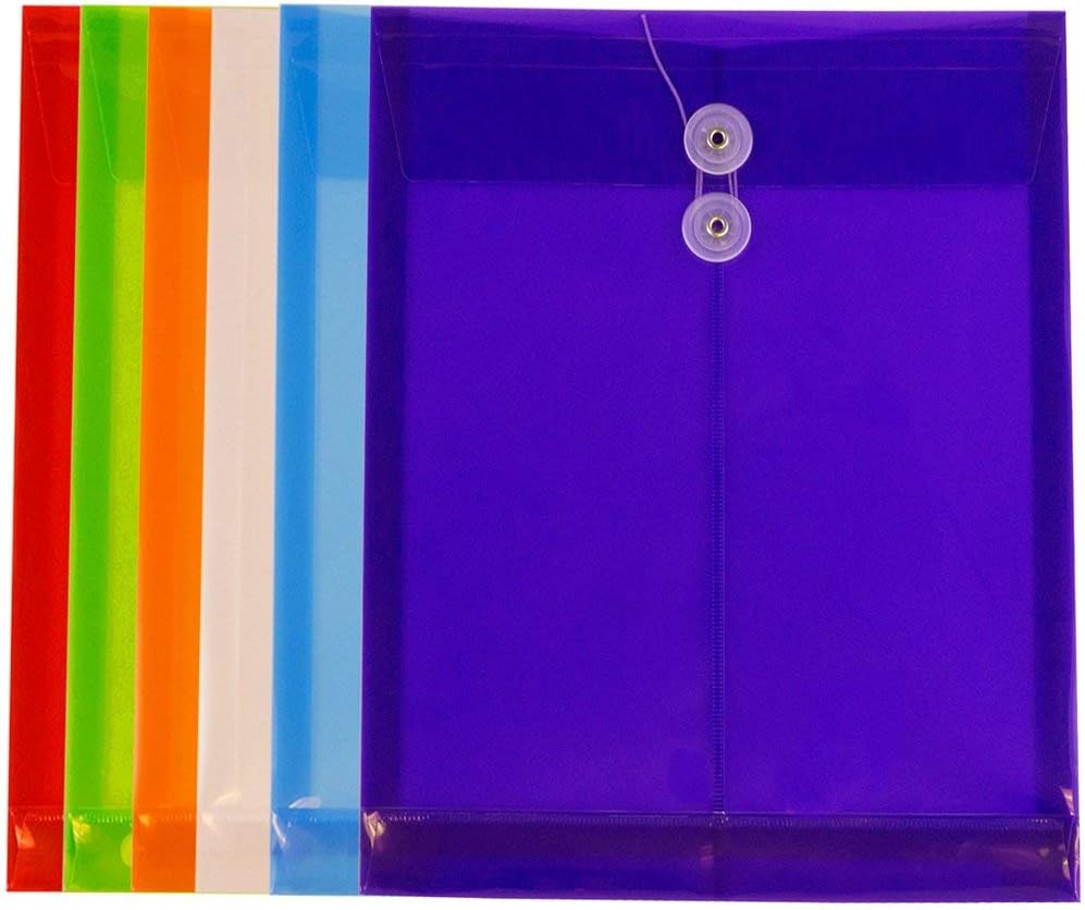 Plastic Filing Envelopes with Button & String Tie Closure, Letter Open End, Assorted Colors, 6 Pack - photo 2