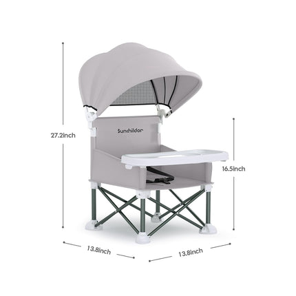 Portable Baby Booster Seat with Removable Tray & Canopy - 3 Point Safety Harness, Compact Fold for Travel, Indoor Outdoor Use for Infants & Toddlers, Gray