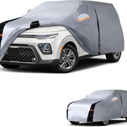 Multi-Layer Car Cover Custom Fit for Kia Soul(2009-2026), 100% Waterproof All Weather for Automobiles, Gift with Towel, Heavy Duty Car Covers for Rain Sun UV Protection with Door Zipper