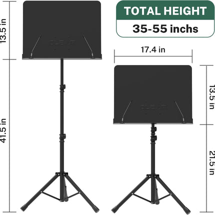 GLEAM Sheet Music Stand - Full Metal with Carrying Bag, Phone Holder, Sheet Music Folder and Clip, 5 in 1 Desktop Book Stand - Black