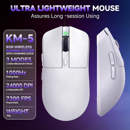 Wireless Gaming Mouse, Tri-Mode 2.4GHz/USB-C/Bluetooth Wireless Mouse with RGB Charging Dock, 24000 DPI, 60Hrs Battery, Ergonomic Lightweight Rechargeable Computer Mice Compatible with PC Mac Laptop