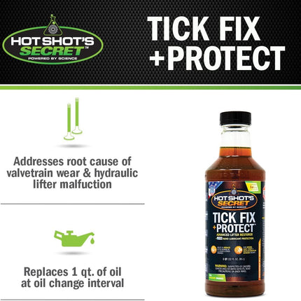 Hot Shot’s Secret Tick Fix + Protect 32 fl oz – Engine Oil Additive for Gas Engines, Reduces Lifter Tick and Engine Noise, FR3 Nano Technology