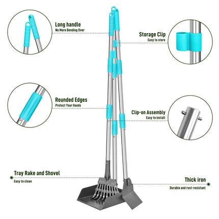 Pooper Scooper and Adjustable Long Handle Dog Pooper Scooper with Spade Shovel, Tray & Rake for Lawns Heavy Duty, Stainless Metal Large Medium Small Pet Supplies on Grass Dirt or Gravel.