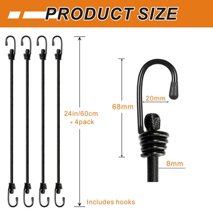 Bungee Cords with Hooks, Heavy Duty Outdoor Elastic Bungee Straps，No Odour Industrial Grade Bungee Rope for Securing Tarps, Luggage, Tents, Bikes or Garden Tidying 24inch 4Pcs (Black)