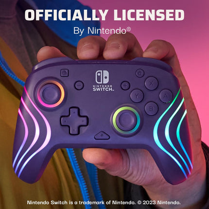 PDP Gaming Afterglow Wave Wireless Nintendo Switch Pro Controller - Officially Licensed, Nintendo Switch 2, Switch Lite/OLED, RGB LED Customization, App Controls, Rechargeable Battery Power - Purple