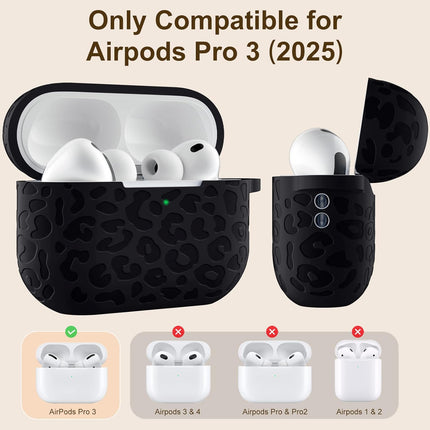 Leopard Engraved Compatible for AirPods Pro 3 Case Cover(2025),Soft Silicone Compatible with Apple AirPods Pro 3 for Women,Cute Air Podspro3 Case with Keychain &Cleaning Kit,Black