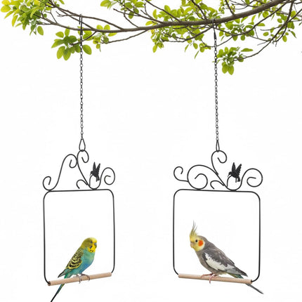 2 Pack Hummingbird Swings, Black Metal Frame Hummingbird Swings with Wooden Dowel Wild Bird Swing Outdoor Bird Perch with 2Pcs Hanging Chain for Hanging Indoor Outdoor Trunk Lawn Patio Garde