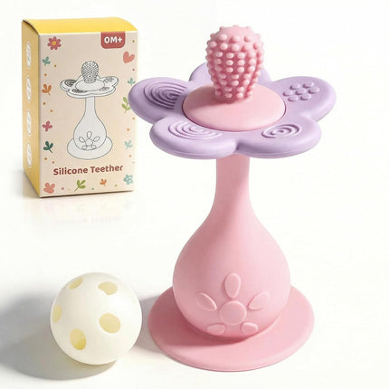 Baby Silicone Flower Teether & Rattle Toys for Babies 0-24 Months, Nipple-Shaped End for Sucking Needs - 360° Toothbrush Teether Head for Sore Gums, Stand-up Base, Flower Texture, Easy to Grip -Pink