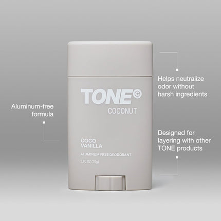 TONE Aluminum Free Deodorant for Men & Women, Coconut Vanilla, Paraben Free Formula with up to 48-Hour Odor Protection, Dermatologist-Tested, 2.65 oz