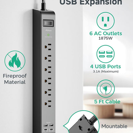 2 Pack Surge Protector Power Strip, Slim Flat Plug, Braided Extension Cord, 5-Foot, 900 Joules, 6 Outlets 4 USB Ports, Wall Mount for Home Office Dorm