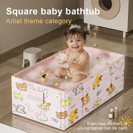 Foldable Baby Bathtub with Cute Animal Print, Portable Infant Bath Tub ，31.5x17.7x9.8 Inch Expanded (Pink)