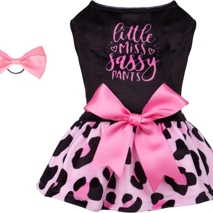 CuteBone Little Miss Sassy Pants Dog Leopard Print Dress Velvet for Small Dogs Girl Puppy Dresses Pink Dog Clothes CVA15XXS-D