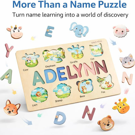 Custom Wooden Name Puzzle for Toddlers 1-3, Personalized Baby Gift with Animal Theme, First Birthday Gift for Boys & Girls, Alphabet Learning Toy