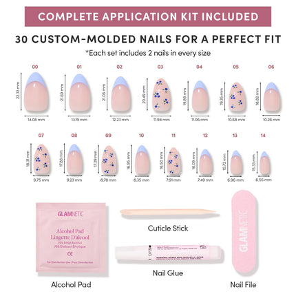 Glamnetic Press On Nails - Bluebelle | Short Almond Fake Nails with Pale Blue French Tips & 3D Blueberry Accents on Semi-Sheer Base, Glossy Finish, Salon Quality | 15 Sizes - 30 Nail Kit with Glue