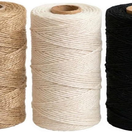 Twine String Natural Jute Twine & Cotton Twine Bundle - Bulk Packing Twine for Crafts, Gift Wrapping String, Gardening Twine, Home Decor (3 Rolls, 984ft, 2mm)
