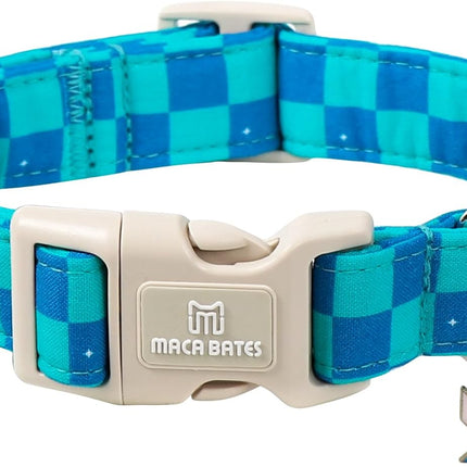 Maca Bates Checkered Basic Dog Collar with Windmill Charm Turquoise and Royal Blue Checkerboard Pattern for Small Girl Boy Dogs,Adjustable Durable Soft Plaid Collars Gift for Male Female Puppy