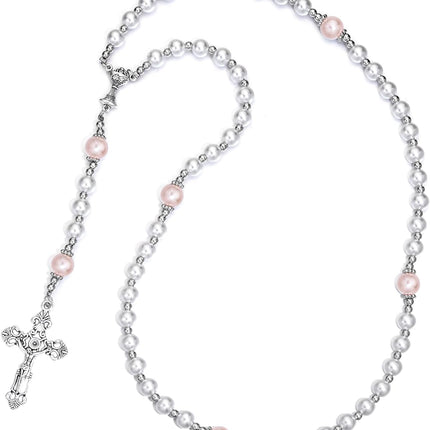 Merroyal First Communion Rosary with Glass Pearl Beads, Ornate Crucifix and Chalice Centerpiece, 18.5 Inches, Gift Box and Satin Bag Included