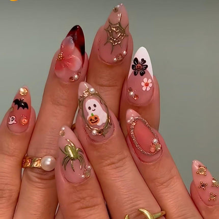 French Tips Press on Nails Medium Almond Nails Press on with 5D Flower Charm Design Glossy Brown Glue on Nails Water Ripple Rhinestones Fake Nail Reusable Fall Winter Nail for Women Manicure 24Pcs