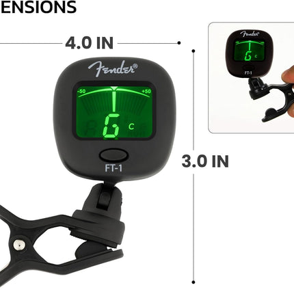 Fender FT-1 Professional Guitar Tuner Clip On, with 1-Year Warranty, Full-Range Chromatic Guitar Tuner with Dual-Rotating Hinges, A4 Calibration