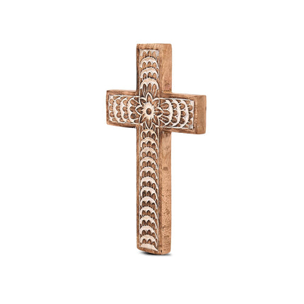 Mango Wood White Cross Carved Floral-Design Family Cross Decor,Home Decoration (10" x 6" x 0.5")