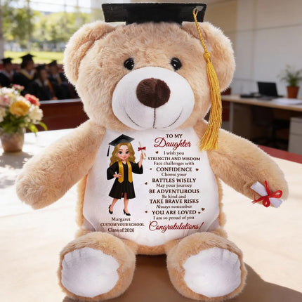 To My Daughter, I Wish You Strength And Wisdom Personalized Graduation Teddy Bear, Daughter Son Graduation 2026 Stuffed Bear, Class of 2026 Bear Plush, Graduation Gifts for Daughter Son from Dad Mom